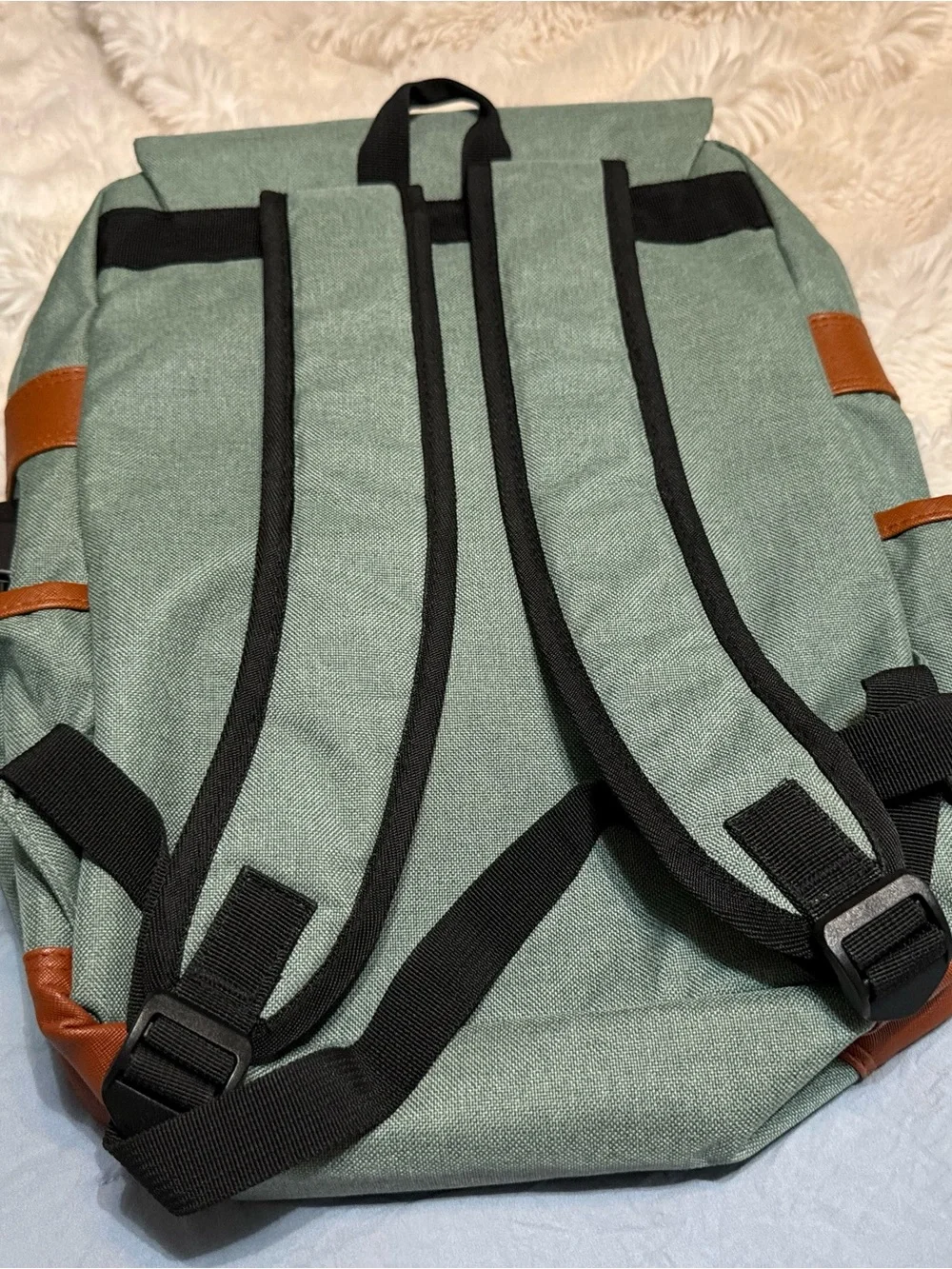Mansion Sage Green Canvas Laptop Backpack with Brown Leather Trim